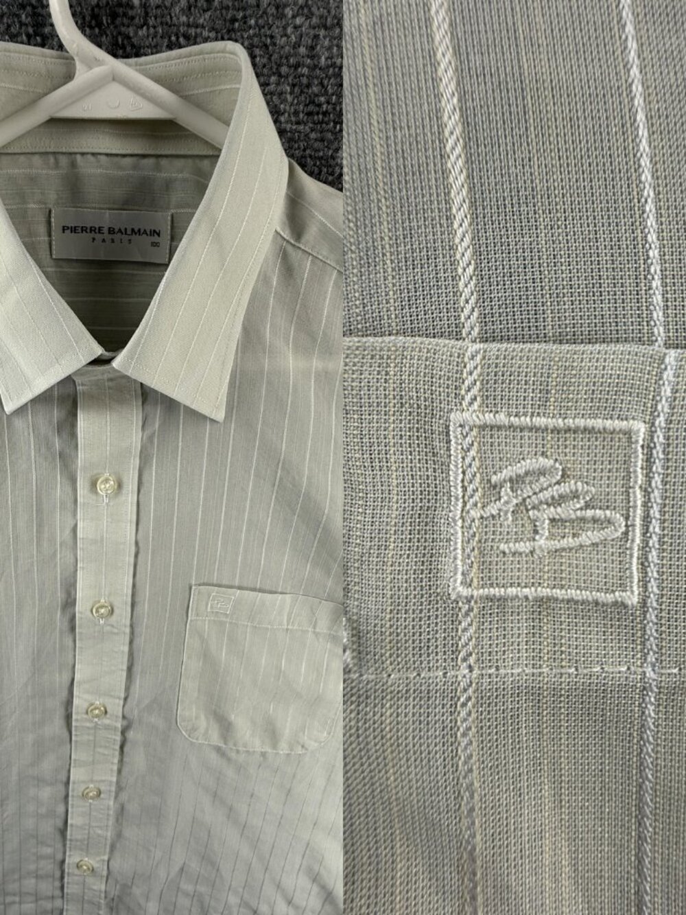 Balmain Short Sleeve Medium Striped Green Men Shirt Button Up Pocket Spread